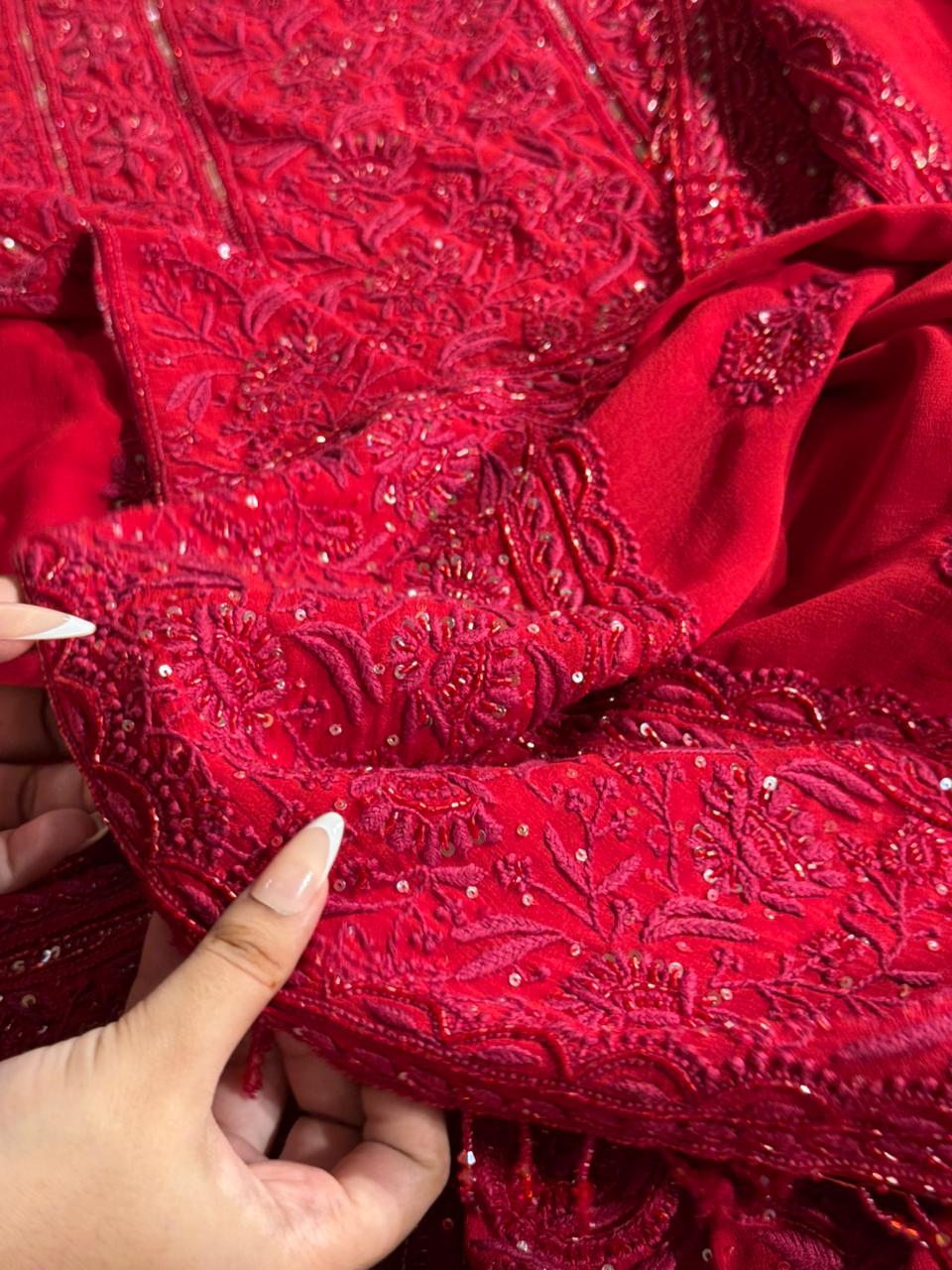 Red Pure Georgette Chikankari Kurta Dupatta Set