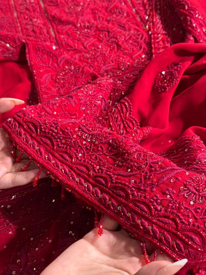 Red Pure Georgette Chikankari Kurta Dupatta Set