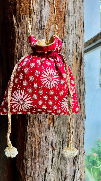 Red Raw Silk Chikankari Polti Bags