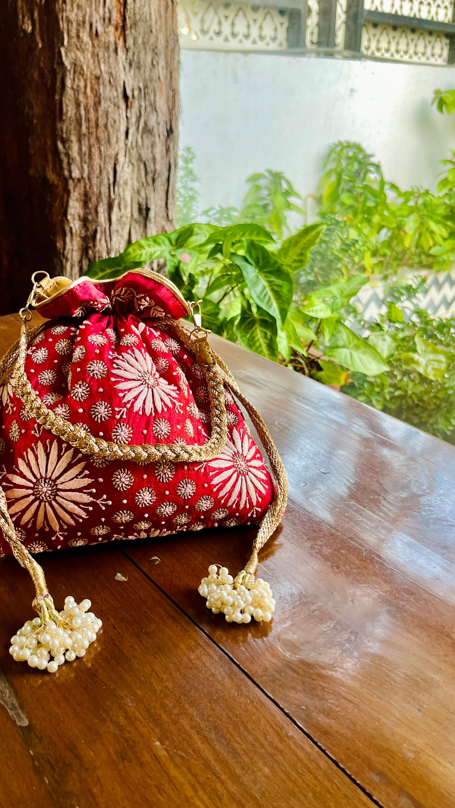 Red Raw Silk Chikankari Polti Bags
