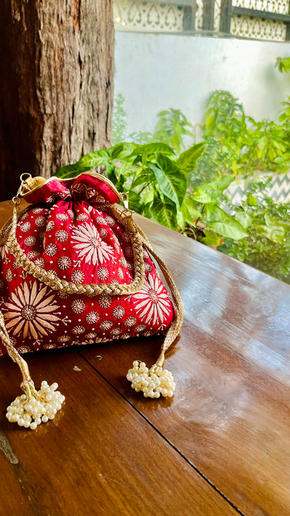 Red Raw Silk Chikankari Polti Bags
