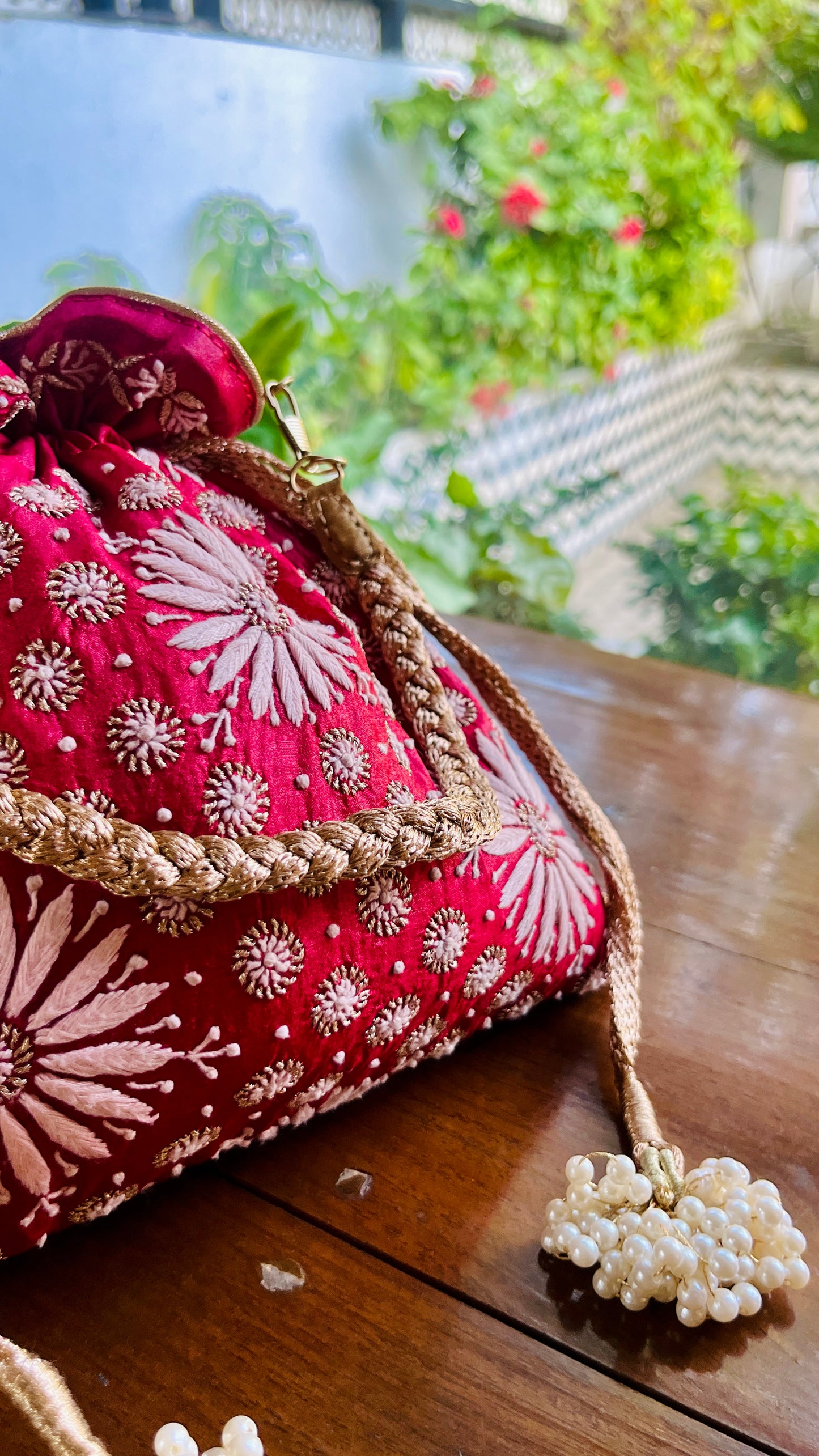 Red Raw Silk Chikankari Polti Bags