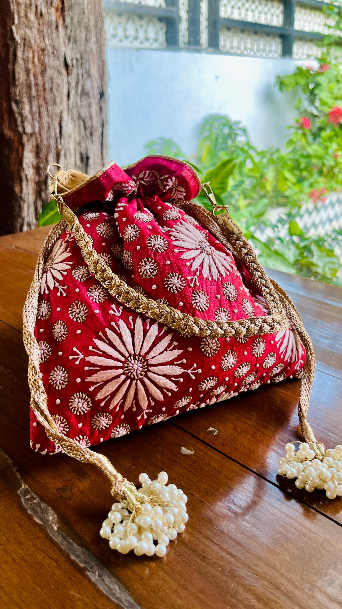 Red Raw Silk Chikankari Polti Bags