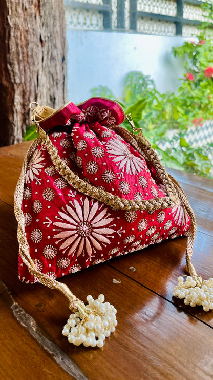 Red Raw Silk Chikankari Polti Bags