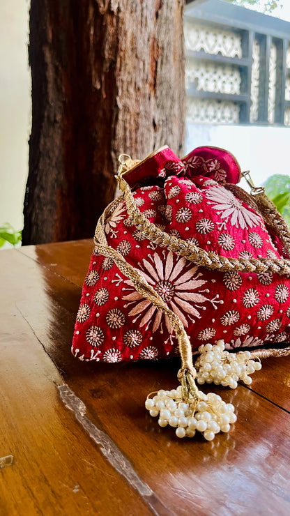 Red Raw Silk Chikankari Polti Bags