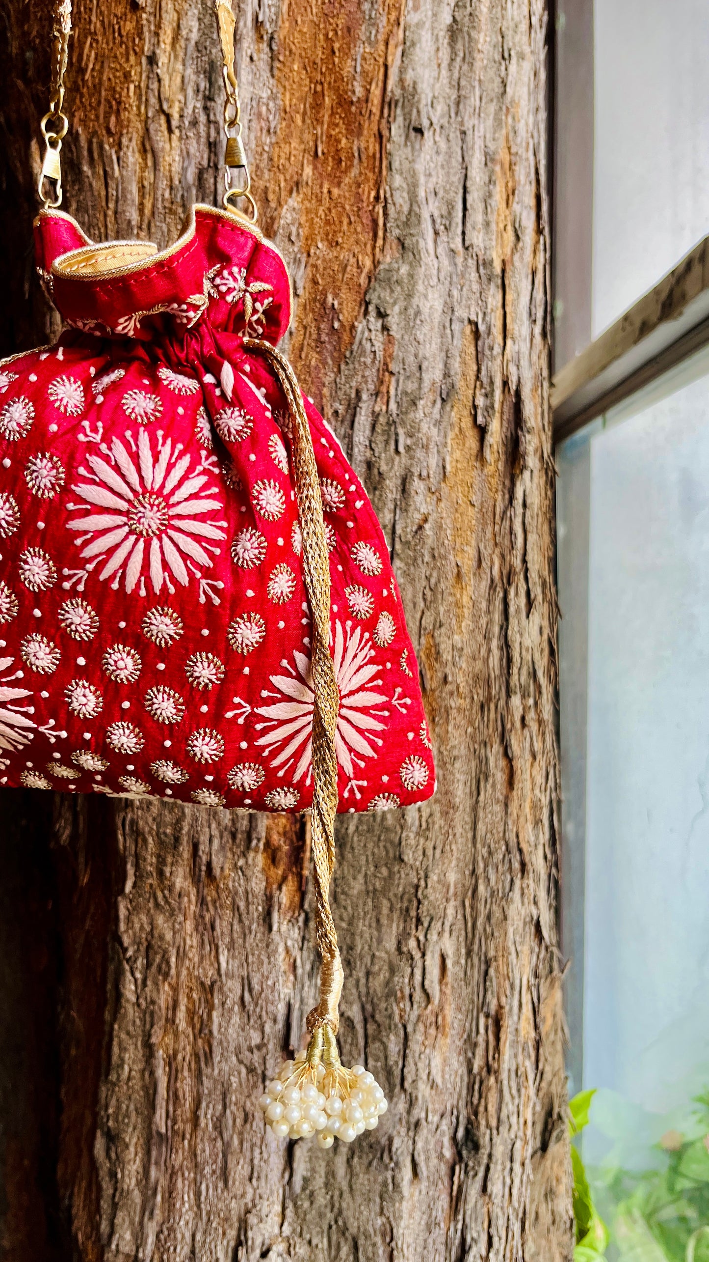Red Raw Silk Chikankari Polti Bags
