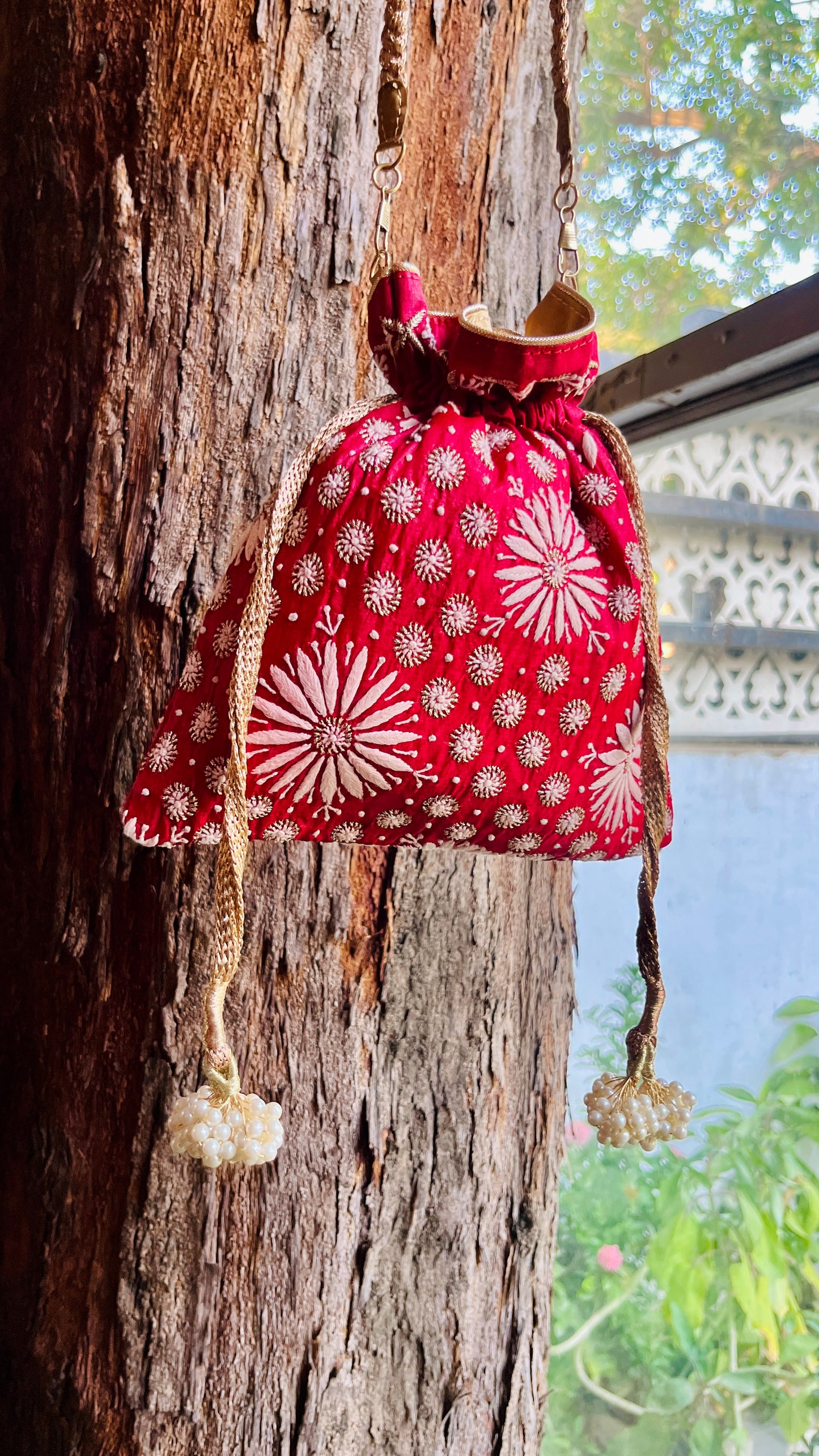 Red Raw Silk Chikankari Polti Bags