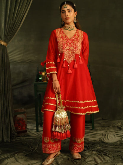 Red SICO Applique Organza Silk Chikankari Kurta Set