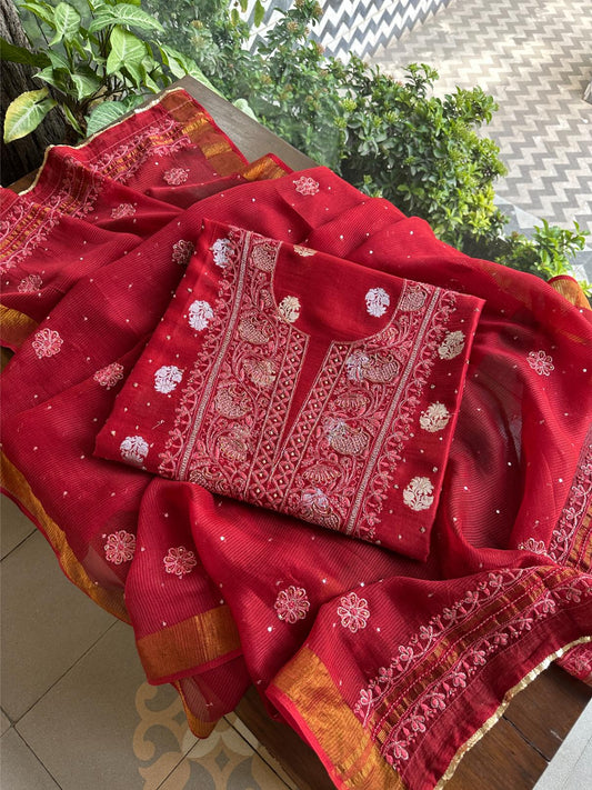 Red Shade Banarasi Zari Chanderi Unstitched Chikankari Fabric