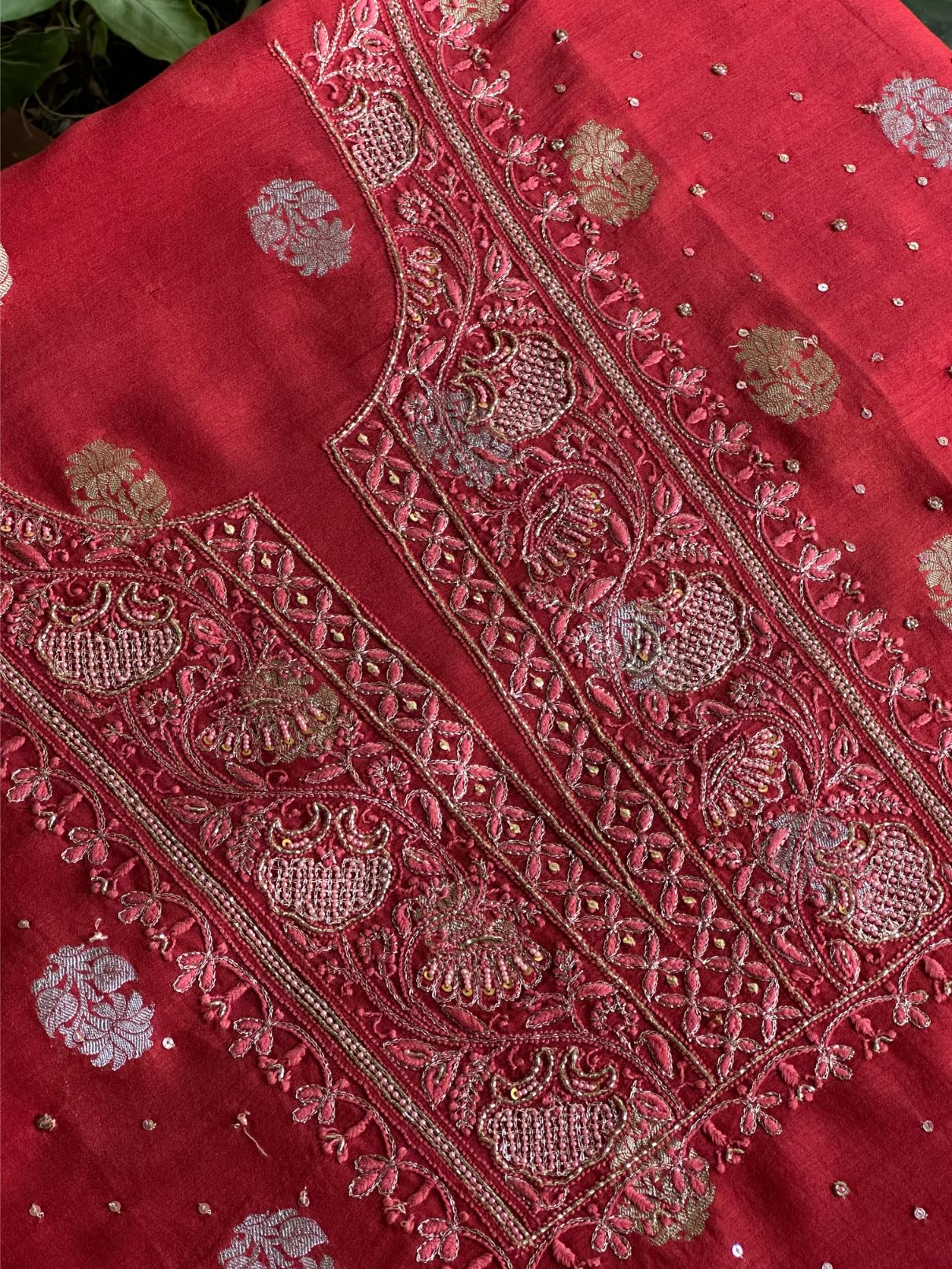 Red Shade Banarasi Zari Chanderi Unstitched Chikankari Fabric