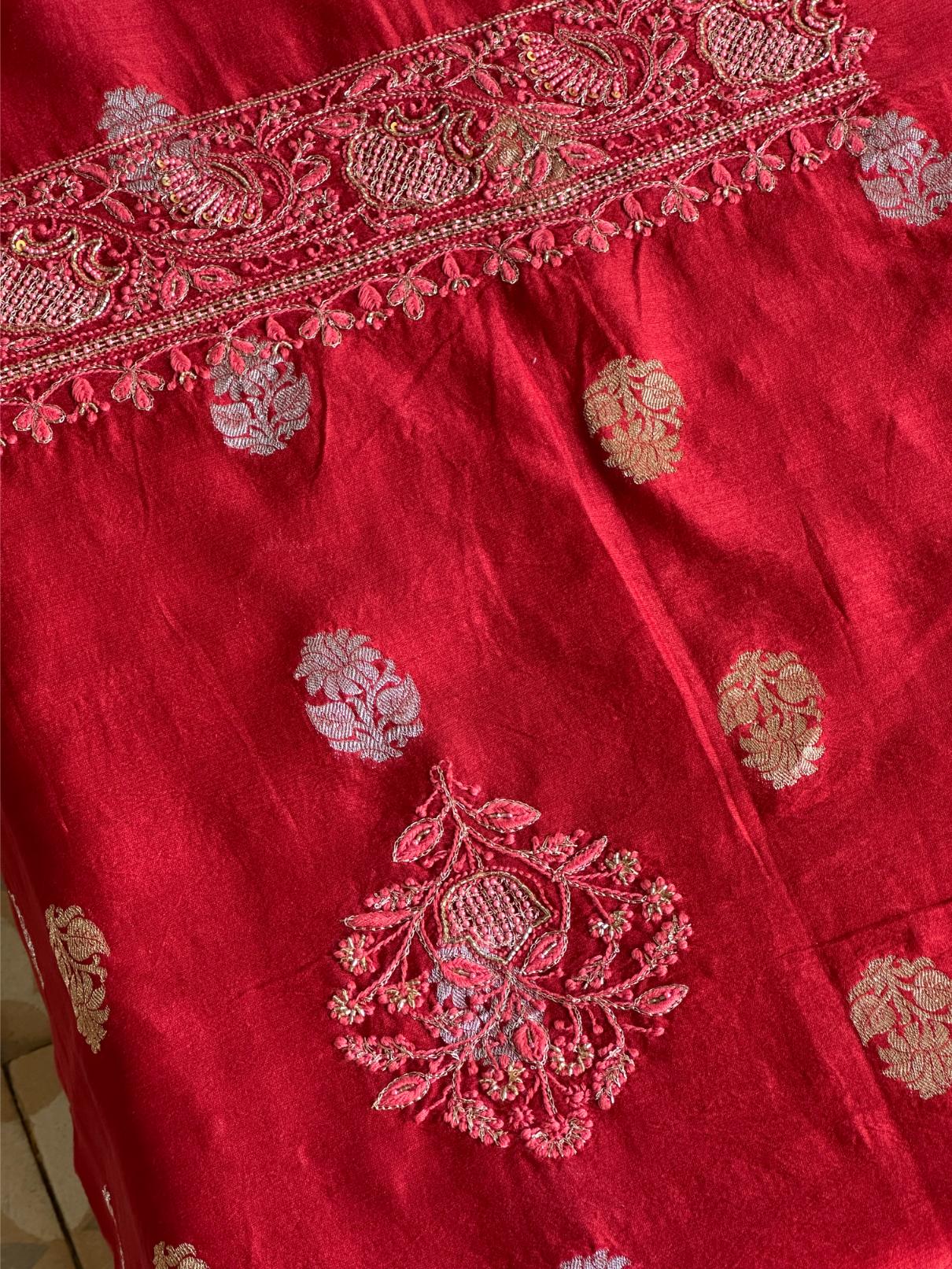 Red Shade Banarasi Zari Chanderi Unstitched Chikankari Fabric