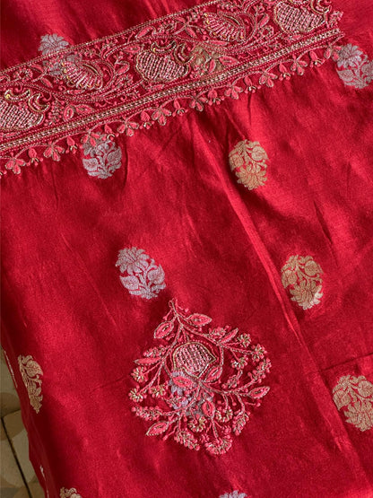 Red Shade Banarasi Zari Chanderi Unstitched Chikankari Fabric
