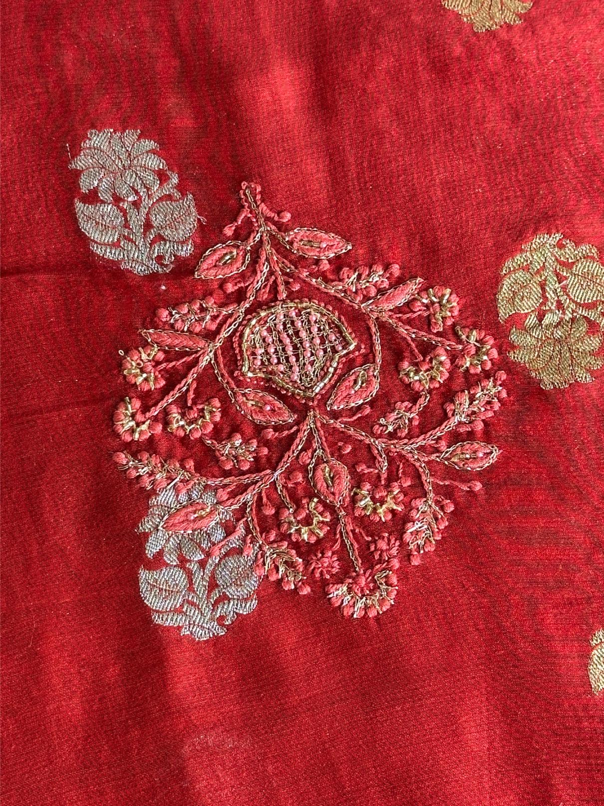 Red Shade Banarasi Zari Chanderi Unstitched Chikankari Fabric