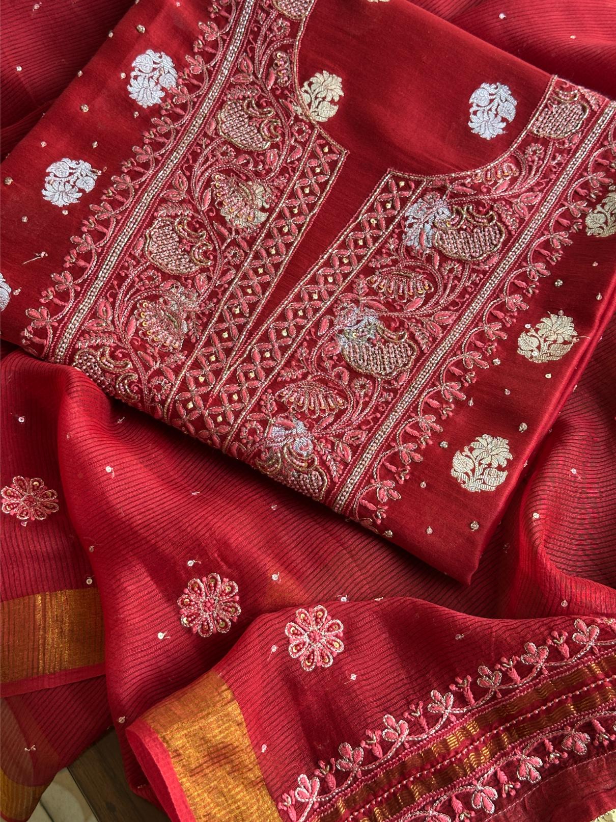 Red Shade Banarasi Zari Chanderi Unstitched Chikankari Fabric