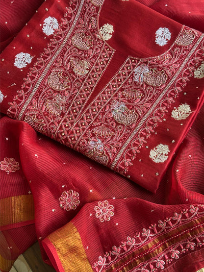 Red Shade Banarasi Zari Chanderi Unstitched Chikankari Fabric