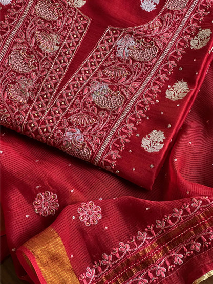 Red Shade Banarasi Zari Chanderi Unstitched Chikankari Fabric