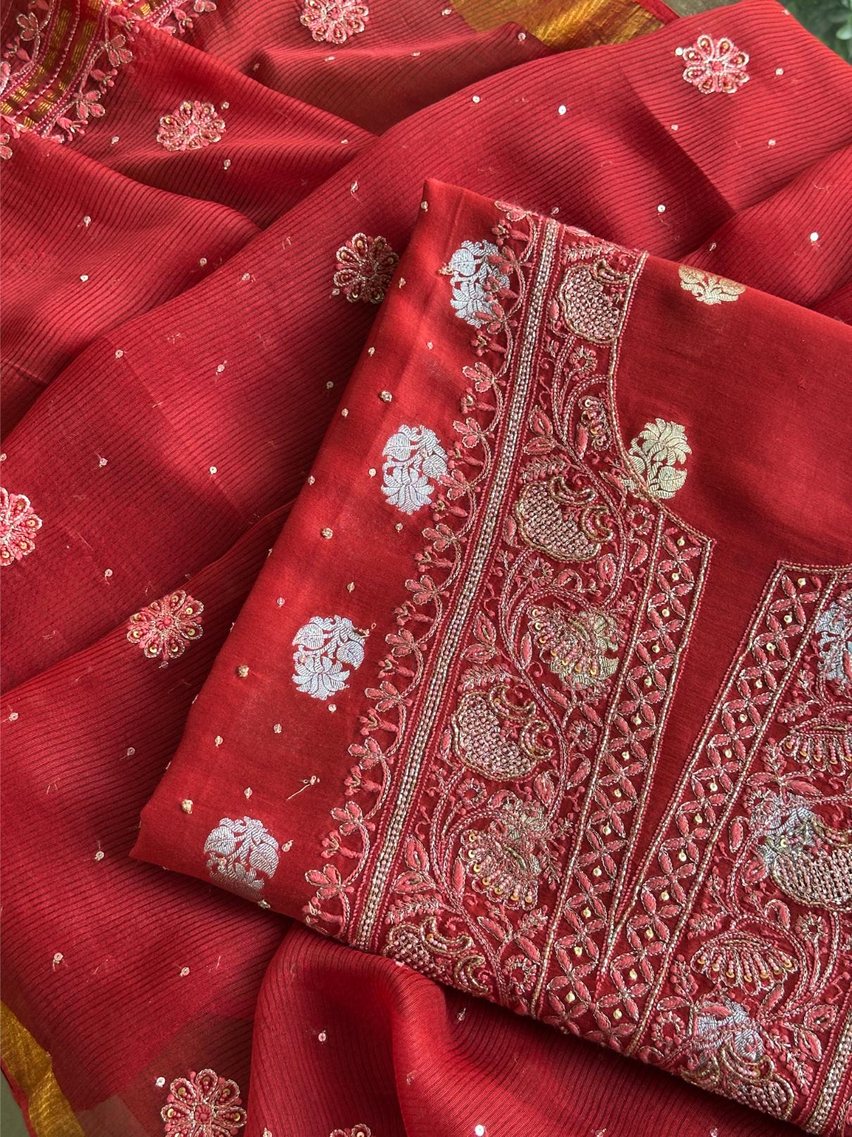 Red Shade Banarasi Zari Chanderi Unstitched Chikankari Fabric