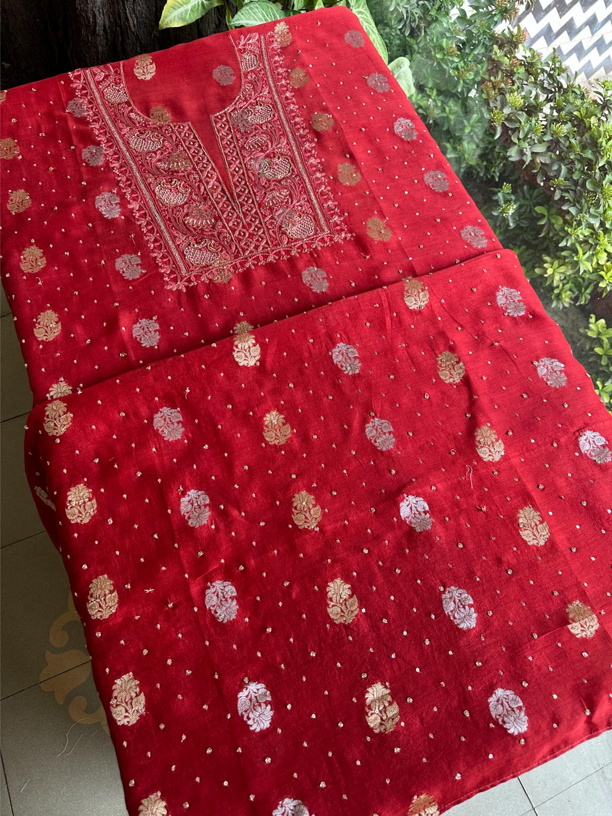 Red Shade Banarasi Zari Chanderi Unstitched Chikankari Fabric