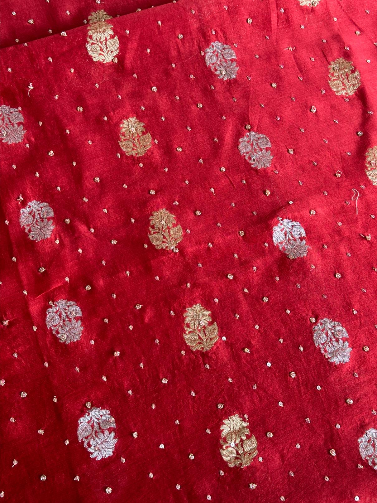 Red Shade Banarasi Zari Chanderi Unstitched Chikankari Fabric