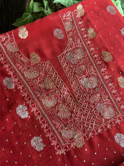 Red Shade Banarasi Zari Chanderi Unstitched Chikankari Fabric