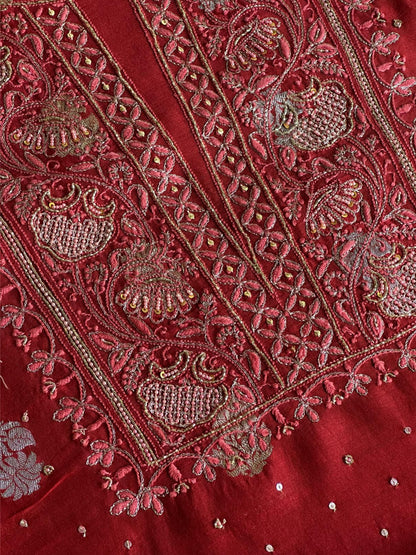 Red Shade Banarasi Zari Chanderi Unstitched Chikankari Fabric