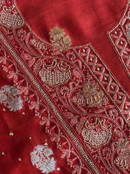Red Shade Banarasi Zari Chanderi Unstitched Chikankari Fabric