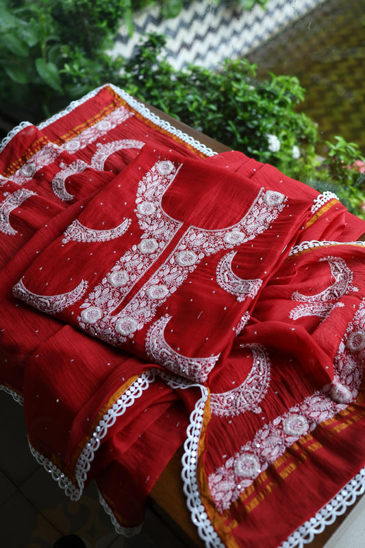 Red Shade Crescent Chandbala Chikankari Unstitched Fabric