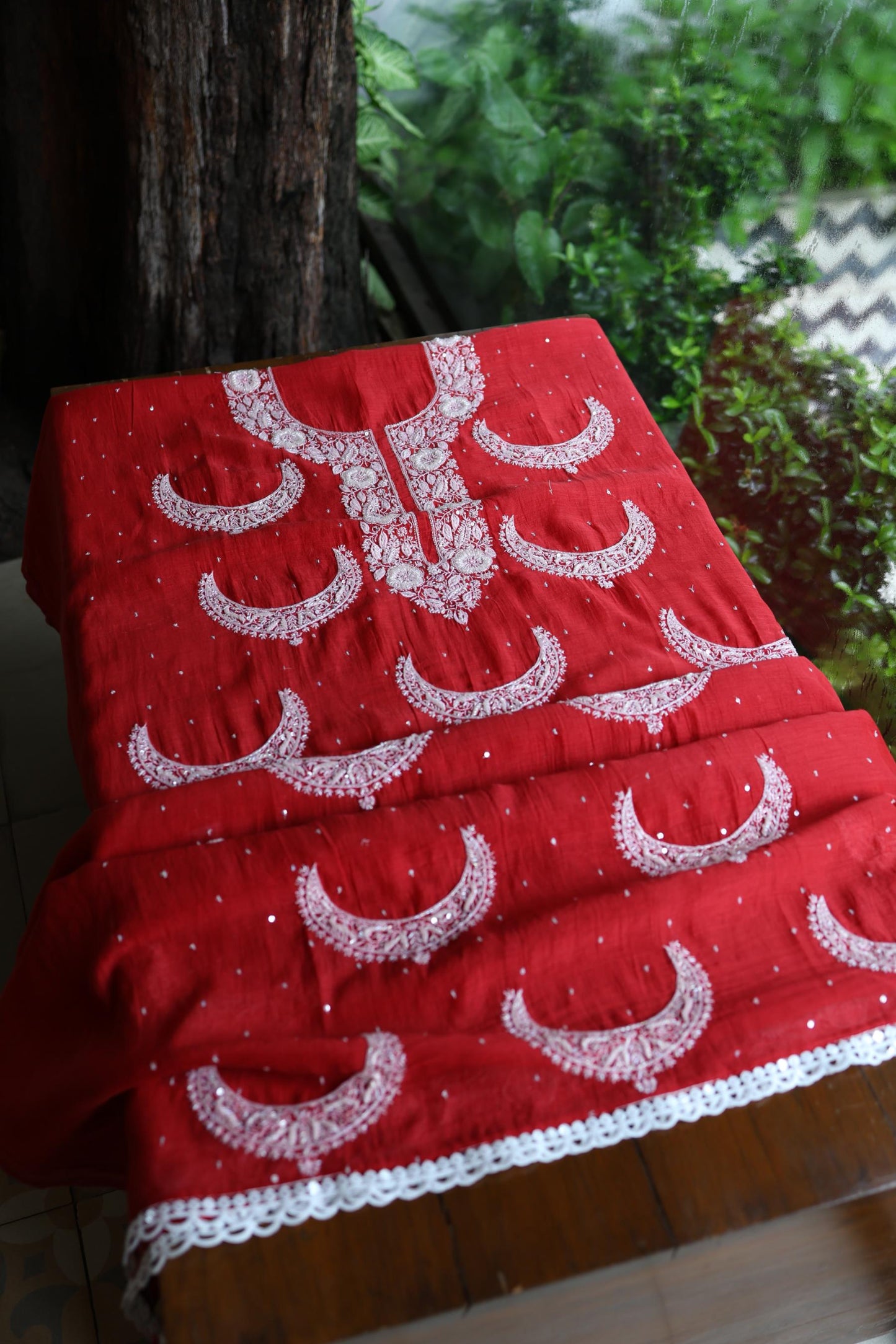 Red Shade Crescent Chandbala Chikankari Unstitched Fabric