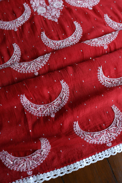 Red Shade Crescent Chandbala Chikankari Unstitched Fabric