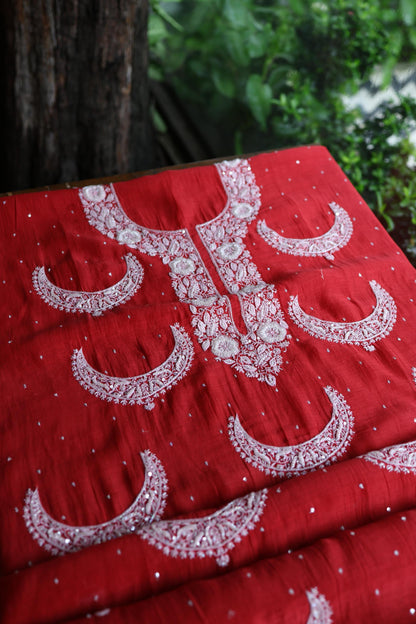 Red Shade Crescent Chandbala Chikankari Unstitched Fabric