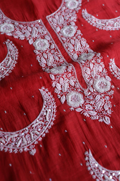 Red Shade Crescent Chandbala Chikankari Unstitched Fabric