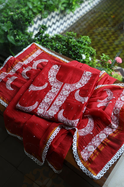 Red Shade Crescent Chandbala Chikankari Unstitched Fabric