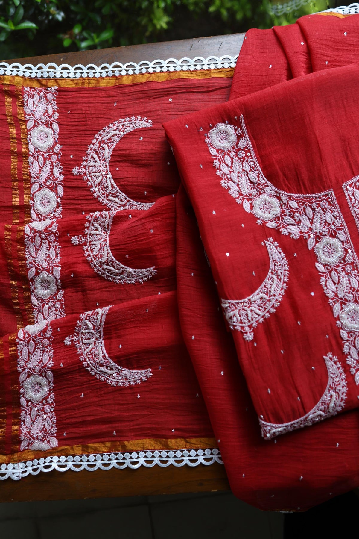 Red Shade Crescent Chandbala Chikankari Unstitched Fabric