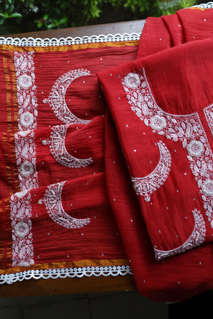 Red Shade Crescent Chandbala Chikankari Unstitched Fabric