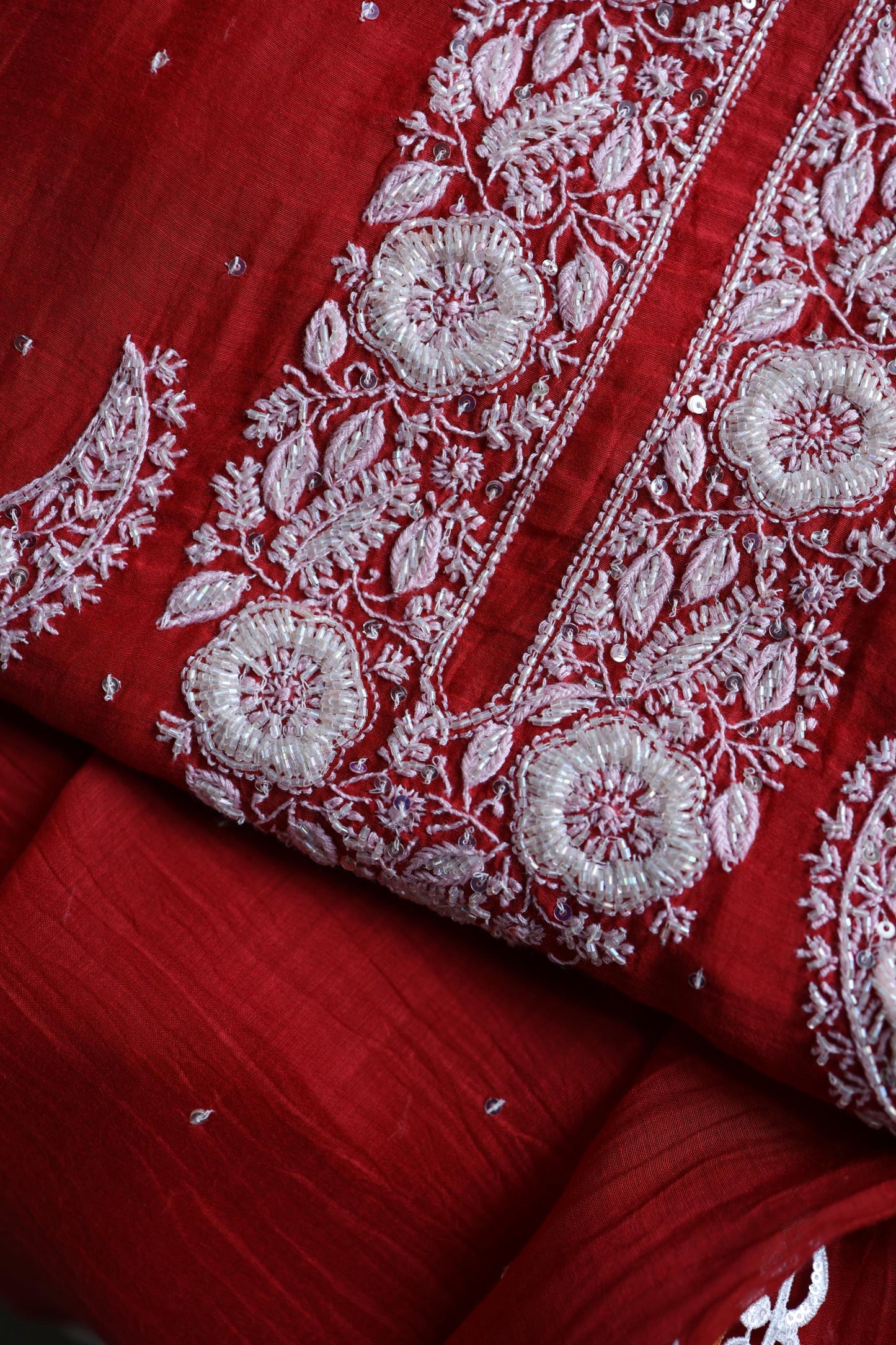 Red Shade Crescent Chandbala Chikankari Unstitched Fabric
