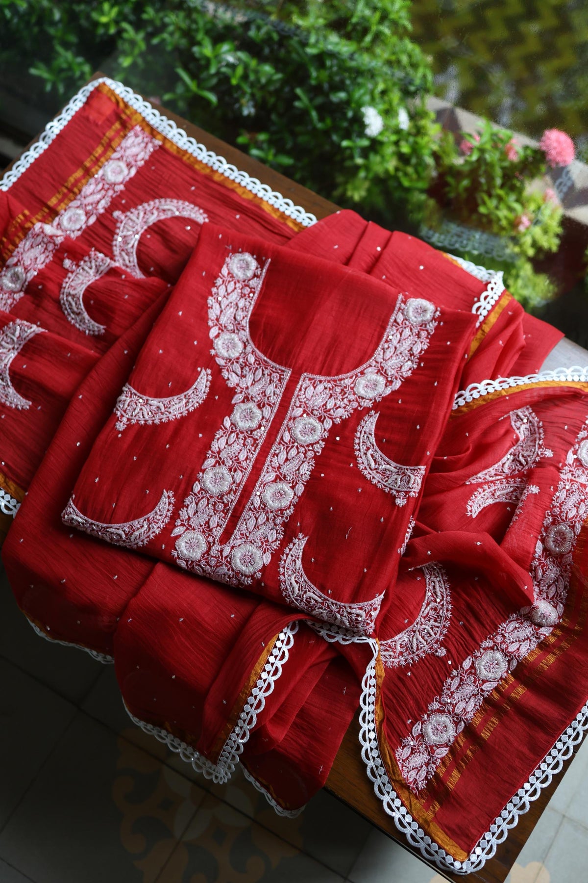 Red Shade Crescent Chandbala Chikankari Unstitched Fabric