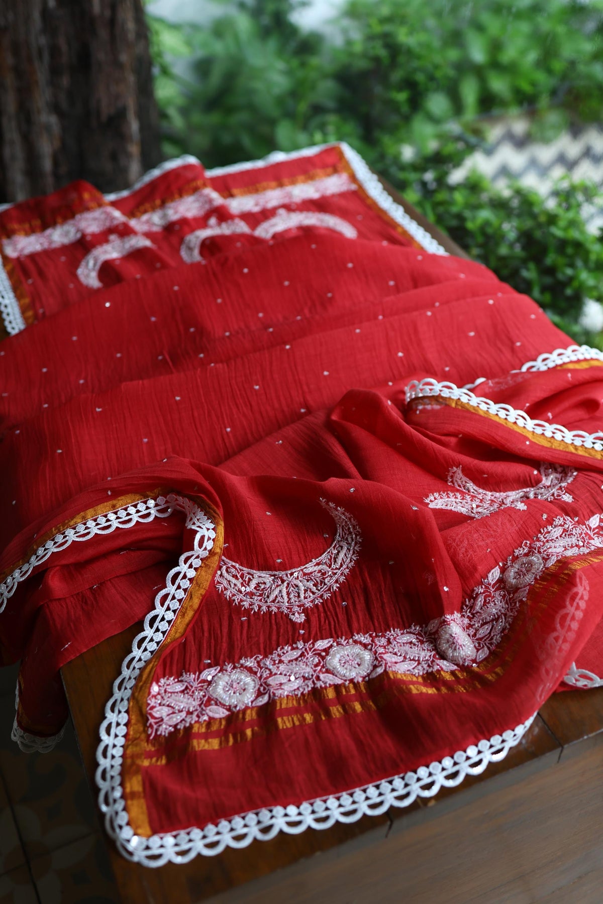 Red Shade Crescent Chandbala Chikankari Unstitched Fabric