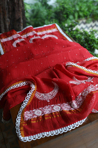 Red Shade Crescent Chandbala Chikankari Unstitched Fabric