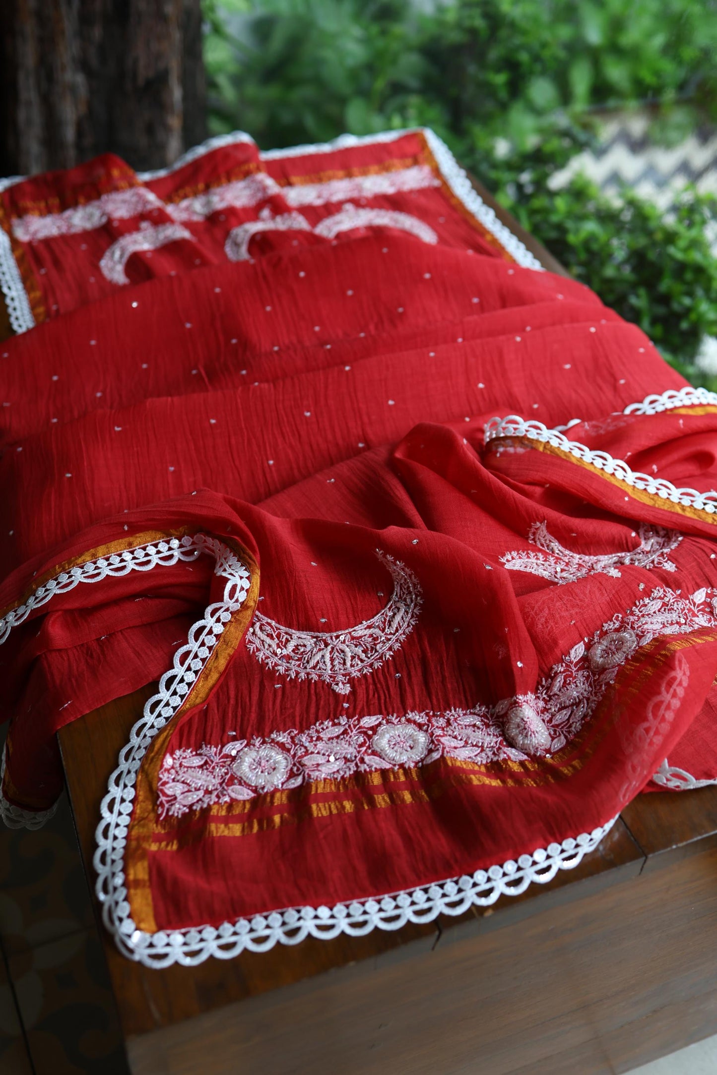 Red Shade Crescent Chandbala Chikankari Unstitched Fabric