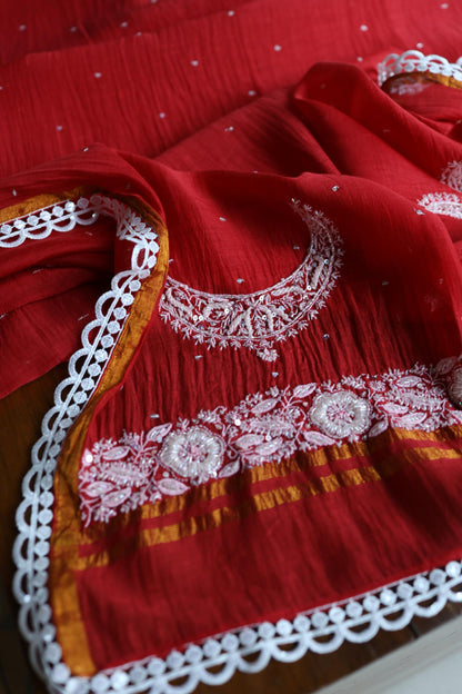 Red Shade Crescent Chandbala Chikankari Unstitched Fabric