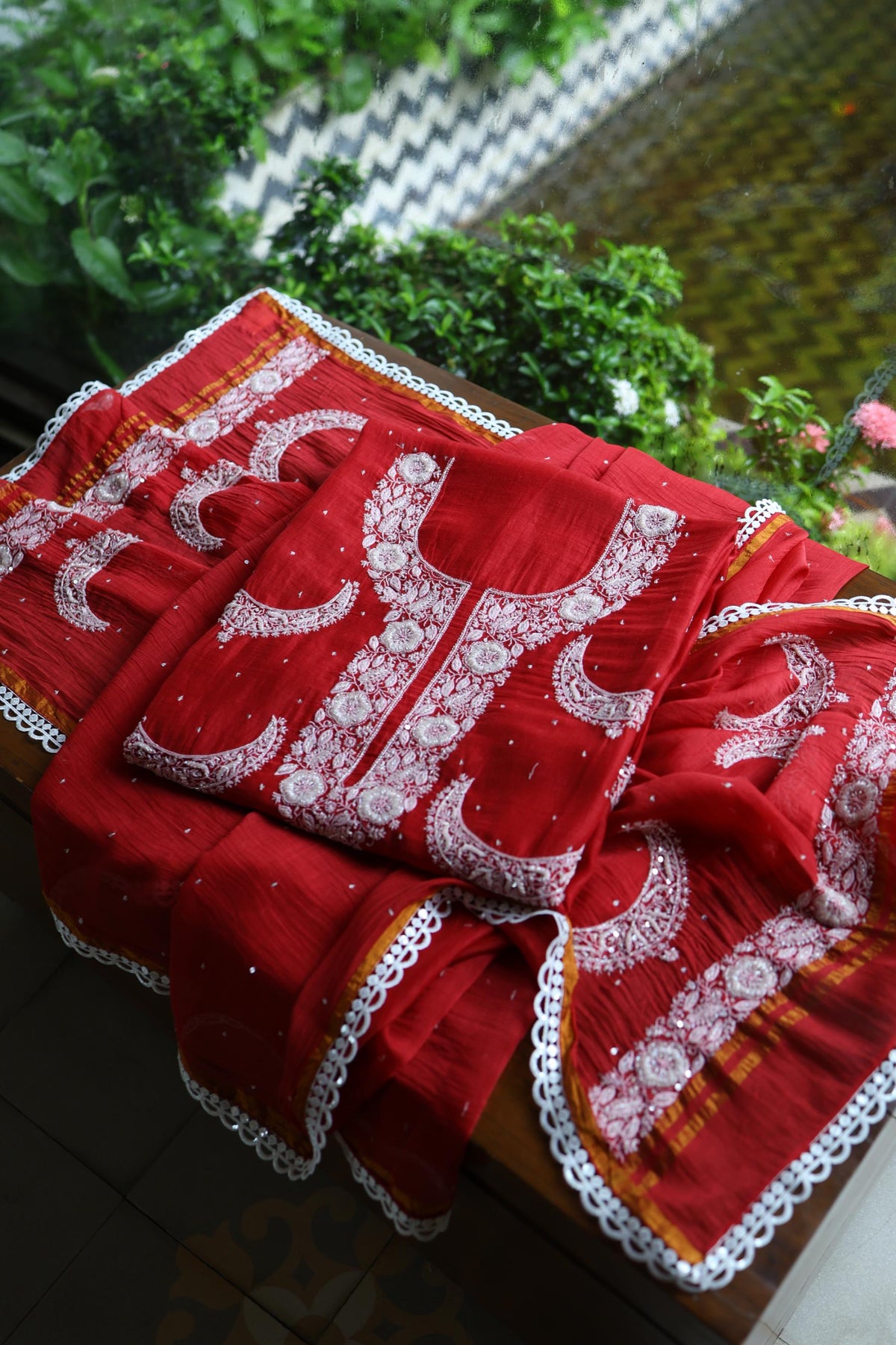 Red Shade Crescent Chandbala Chikankari Unstitched Fabric