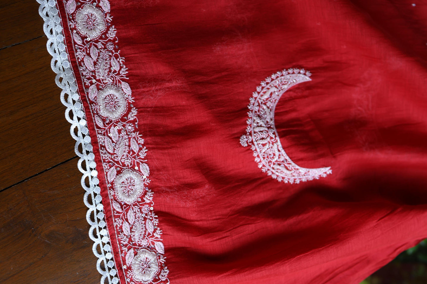 Red Shade Crescent Chandbala Chikankari Unstitched Fabric