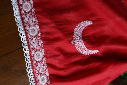 Red Shade Crescent Chandbala Chikankari Unstitched Fabric