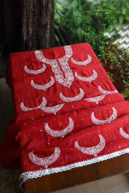 Red Shade Crescent Chandbala Chikankari Unstitched Fabric