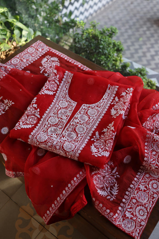 Red Shade Noor Organza Silk Chikankari Unstitched Kurta Dupatta Set