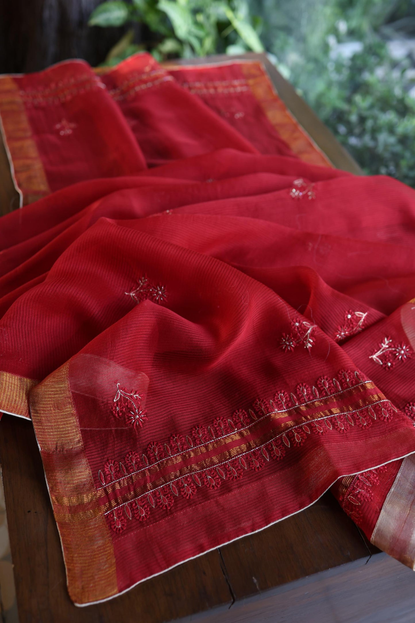 Red Shade Rasm Maheshwari Highlights Fabric