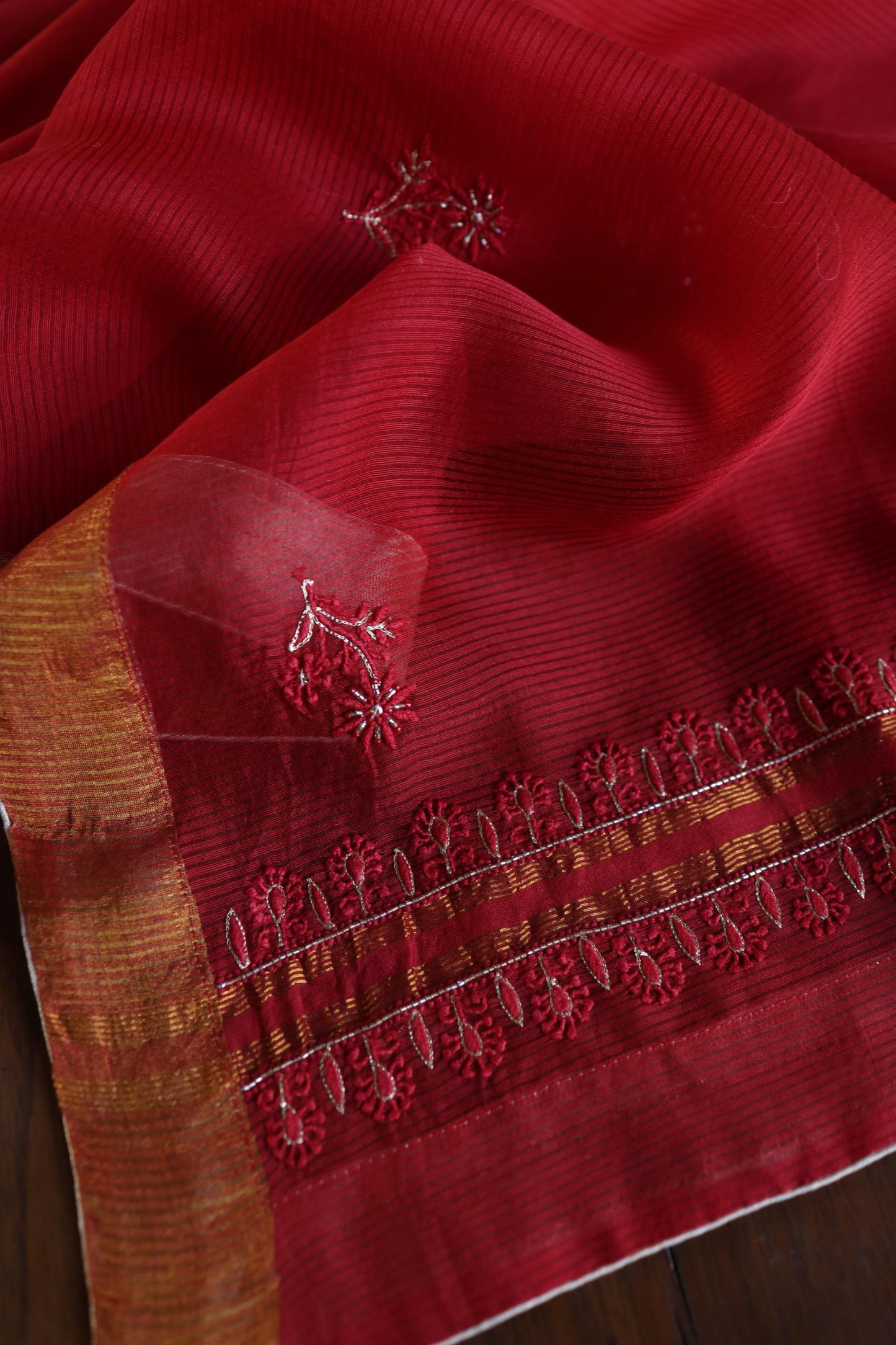 Red Shade Rasm Maheshwari Highlights Fabric