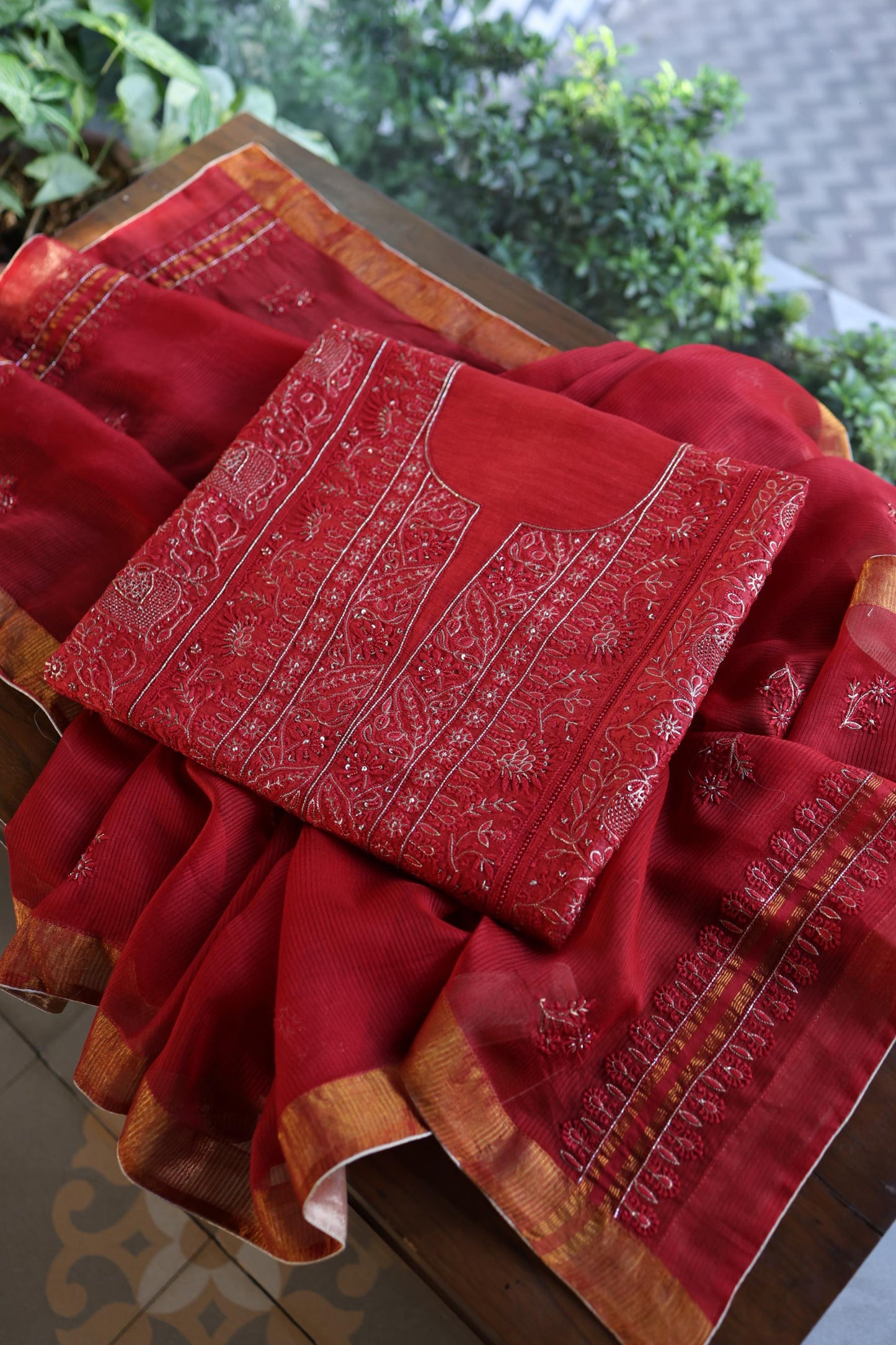 Red Shade Rasm Maheshwari Highlights Fabric