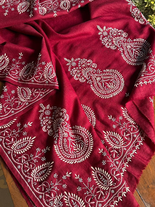 Red Shade Saman Pashmina Resham Thread Fine Chikankari Shawl