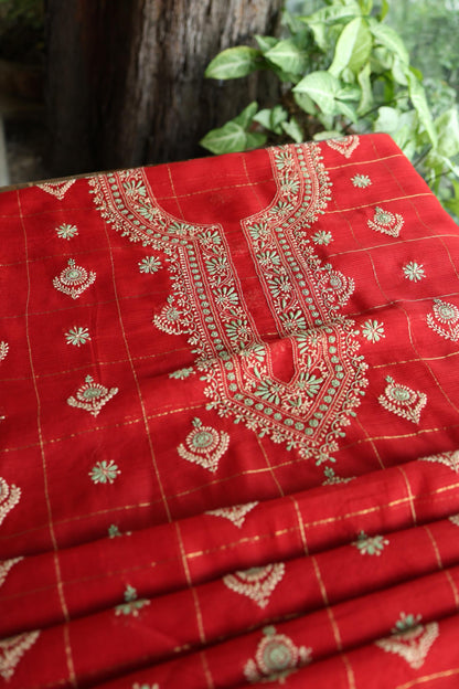 Red Shade Tissue Zari Kota Chikankari Unstitched Fabric